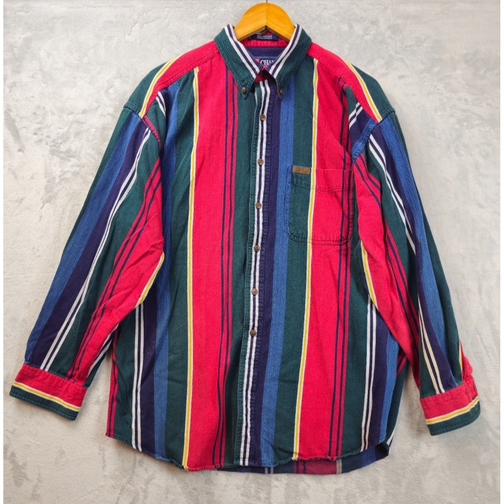 Vintage Chaps Ralph Lauren Shirt Mens Large Blue Red Green Stripe Denim 90s